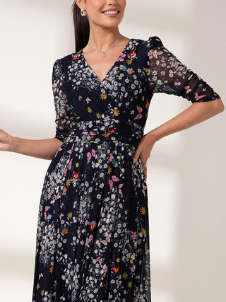 Dasha Ruched Sleeved Mesh Maxi Dress, Navy Floral