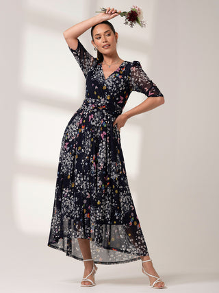 Dasha Ruched Sleeved Mesh Maxi Dress, Navy Floral