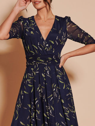 Dasha Ruched Sleeved Mesh Maxi Dress, Navy Leafy