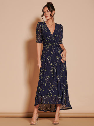 Dasha Ruched Sleeved Mesh Maxi Dress, Navy Leafy