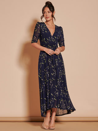 Dasha Ruched Sleeved Mesh Maxi Dress, Navy Leafy