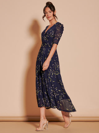 Dasha Ruched Sleeved Mesh Maxi Dress, Navy Leafy