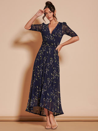 Dasha Ruched Sleeved Mesh Maxi Dress, Navy Leafy