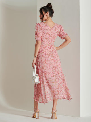 Print Metallic textured Chiffon Maxi Dress, Pink Multi – Jolie Moi Retail