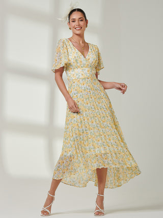 Pleated Dip Hem Chiffon Midaxi Dress, Yellow Floral