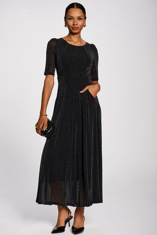 Short Sleeve Sheen Mesh Maxi Dress, Black