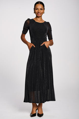 Short Sleeve Sheen Mesh Maxi Dress, Black