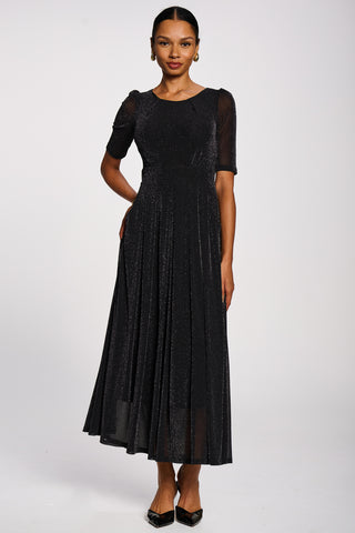 Short Sleeve Sheen Mesh Maxi Dress, Black