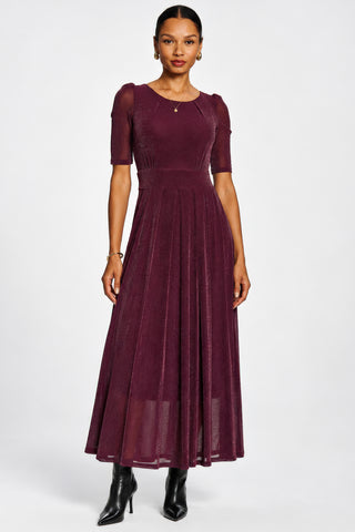 Short Sleeve Sheen Mesh Maxi Dress, Dark Purple