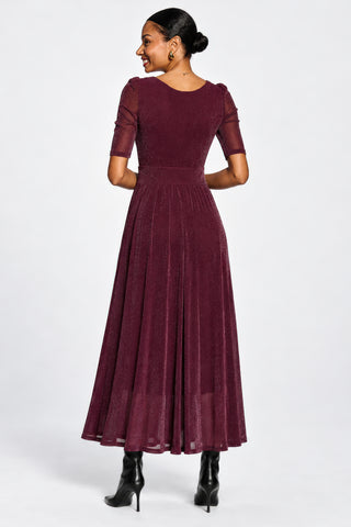 Short Sleeve Sheen Mesh Maxi Dress, Dark Purple