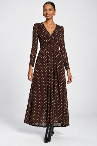 Long Sleeve V-neck Sheen Mesh Maxi Dress, Brown Spot
