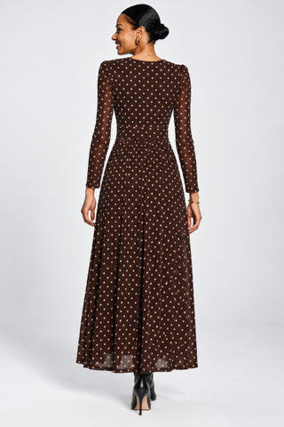 Long Sleeve V-neck Sheen Mesh Maxi Dress, Brown Spot