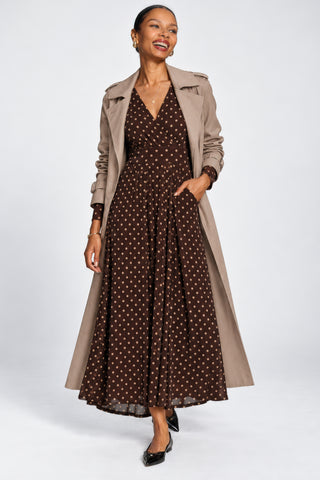 Long Sleeve V-neck Sheen Mesh Maxi Dress, Brown Spot