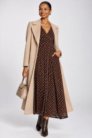 Long Sleeve V-neck Sheen Mesh Maxi Dress, Brown Spot