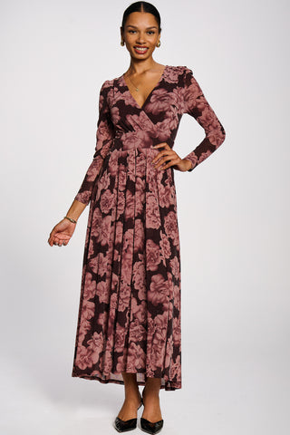 Long Sleeve V-neck Sheen Mesh Maxi Dress, Purple Floral