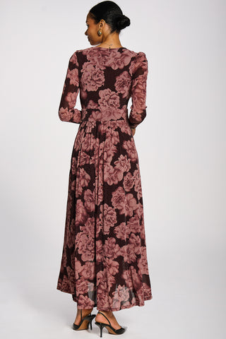 Long Sleeve V-neck Sheen Mesh Maxi Dress, Purple Floral