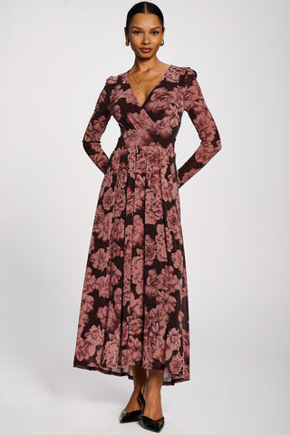 Long Sleeve V-neck Sheen Mesh Maxi Dress, Purple Floral