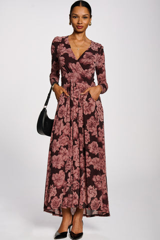 Long Sleeve V-neck Sheen Mesh Maxi Dress, Purple Floral