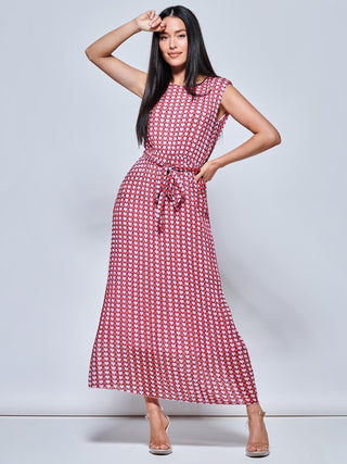 Heart Print Pleated Chiffon Maxi Dress, Pink Multi