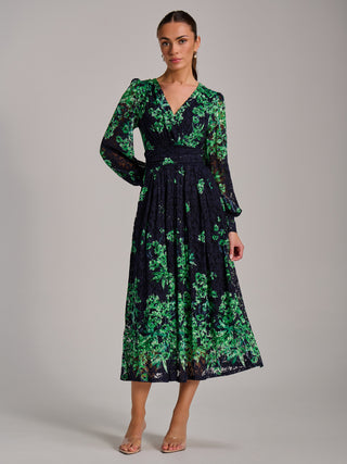 Long Sleeve Print Lace Maxi Dress, Navy Multi