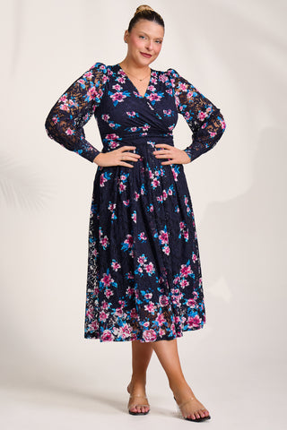 Long Sleeve Printed Lace Maxi Dress, Navy Pink Floral
