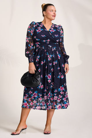 Long Sleeve Printed Lace Maxi Dress, Navy Pink Floral