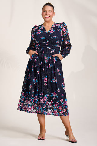 Long Sleeve Printed Lace Maxi Dress, Navy Pink Floral