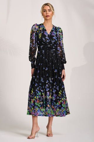 Long Sleeve Printed Lace Maxi Dress, Blue Multi