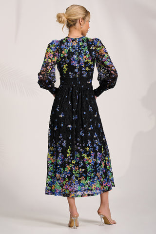 Long Sleeve Printed Lace Maxi Dress, Blue Multi