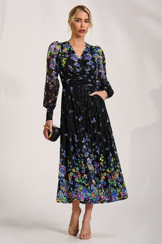 Long Sleeve Printed Lace Maxi Dress, Blue Multi