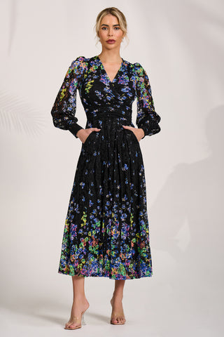 Long Sleeve Printed Lace Maxi Dress, Blue Multi