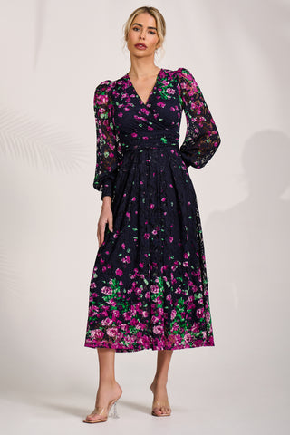 Long Sleeve Printed Lace Maxi Dress, Fuchsia Floral
