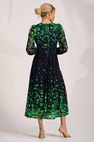 Long Sleeve Printed Lace Maxi Dress, Green Floral