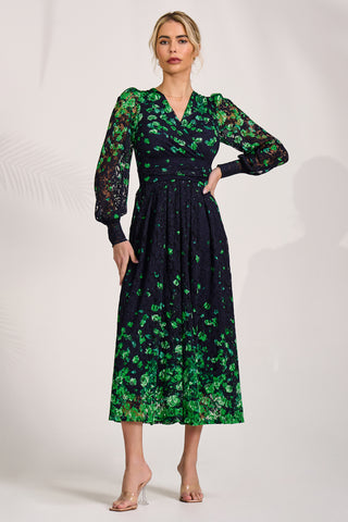 Long Sleeve Printed Lace Maxi Dress, Green Floral