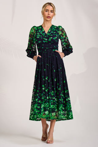 Long Sleeve Printed Lace Maxi Dress, Green Floral