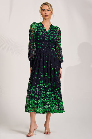 Long Sleeve Printed Lace Maxi Dress, Green Floral