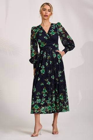 Long Sleeve Printed Lace Maxi Dress, Navy Floral
