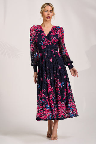 Long Sleeve Printed Lace Maxi Dress, Pink Multi
