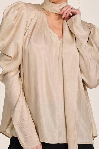 Bow Neck Puff Sleeve Satin Blouse, Champagne