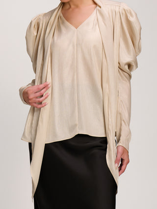 Bow Neck Puff Sleeve Satin Blouse, Champagne
