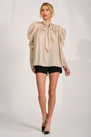 Bow Neck Puff Sleeve Satin Blouse, Champagne