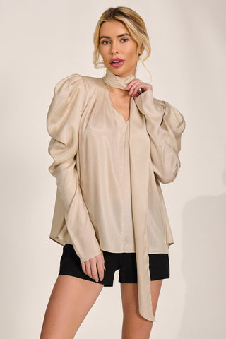 Bow Neck Puff Sleeve Satin Blouse, Champagne