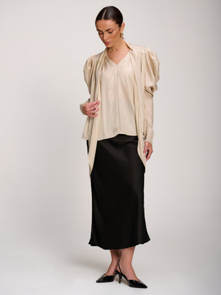 Bow Neck Puff Sleeve Satin Blouse, Champagne