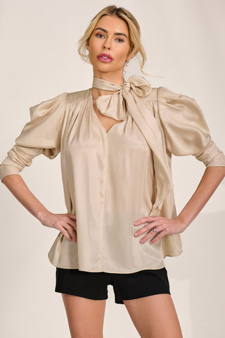 Bow Neck Puff Sleeve Satin Blouse, Champagne
