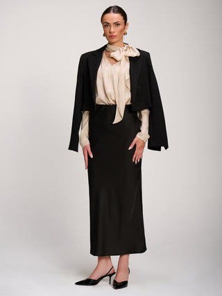 Bow Neck Puff Sleeve Satin Blouse, Champagne