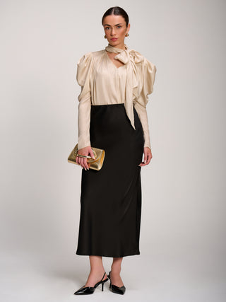 Bow Neck Puff Sleeve Satin Blouse, Champagne