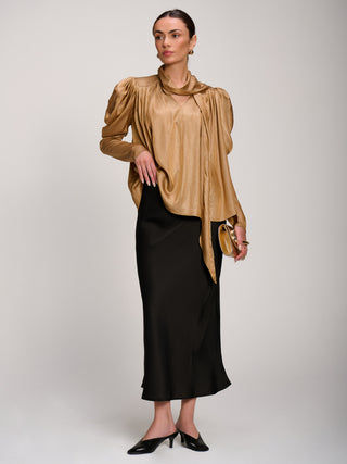 Bow Neck Puff Sleeve Satin Blouse, Golden Mocha