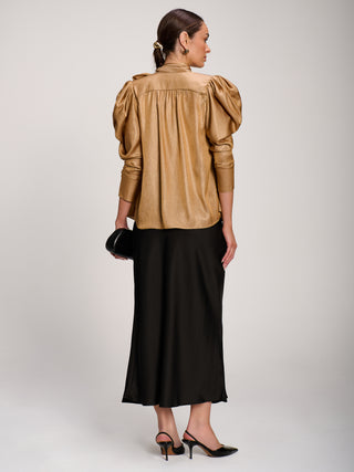 Bow Neck Puff Sleeve Satin Blouse, Golden Mocha