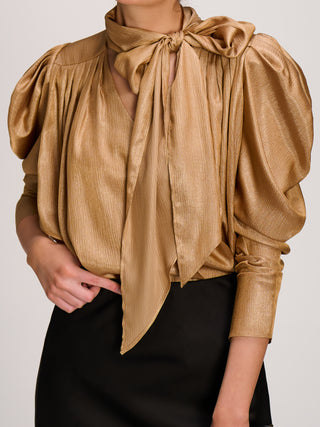 Bow Neck Puff Sleeve Satin Blouse, Golden Mocha