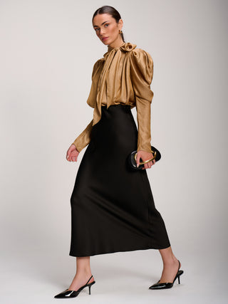 Bow Neck Puff Sleeve Satin Blouse, Golden Mocha